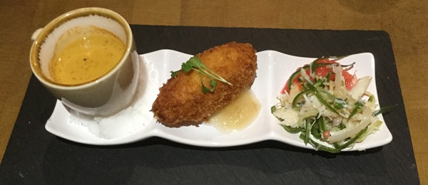 Trio of Crab (Crab Bisque, Crab Fritter, Crab and Pink Grapefruit Salad) starter made by Jamie Macmahon at the Oak Bar and Bistro for the Wirral Young Chef of the Year 2017 event