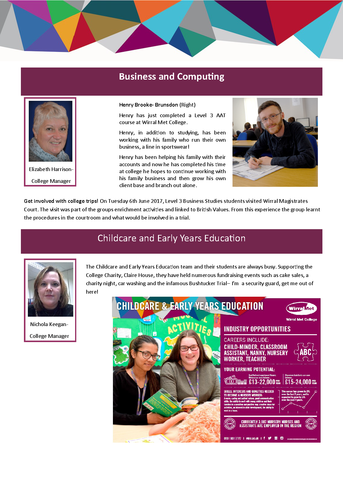 Wirral Met Professions and Visitor Economy handout page 2 Business, Computing and Childcare and Early Years Education 2017