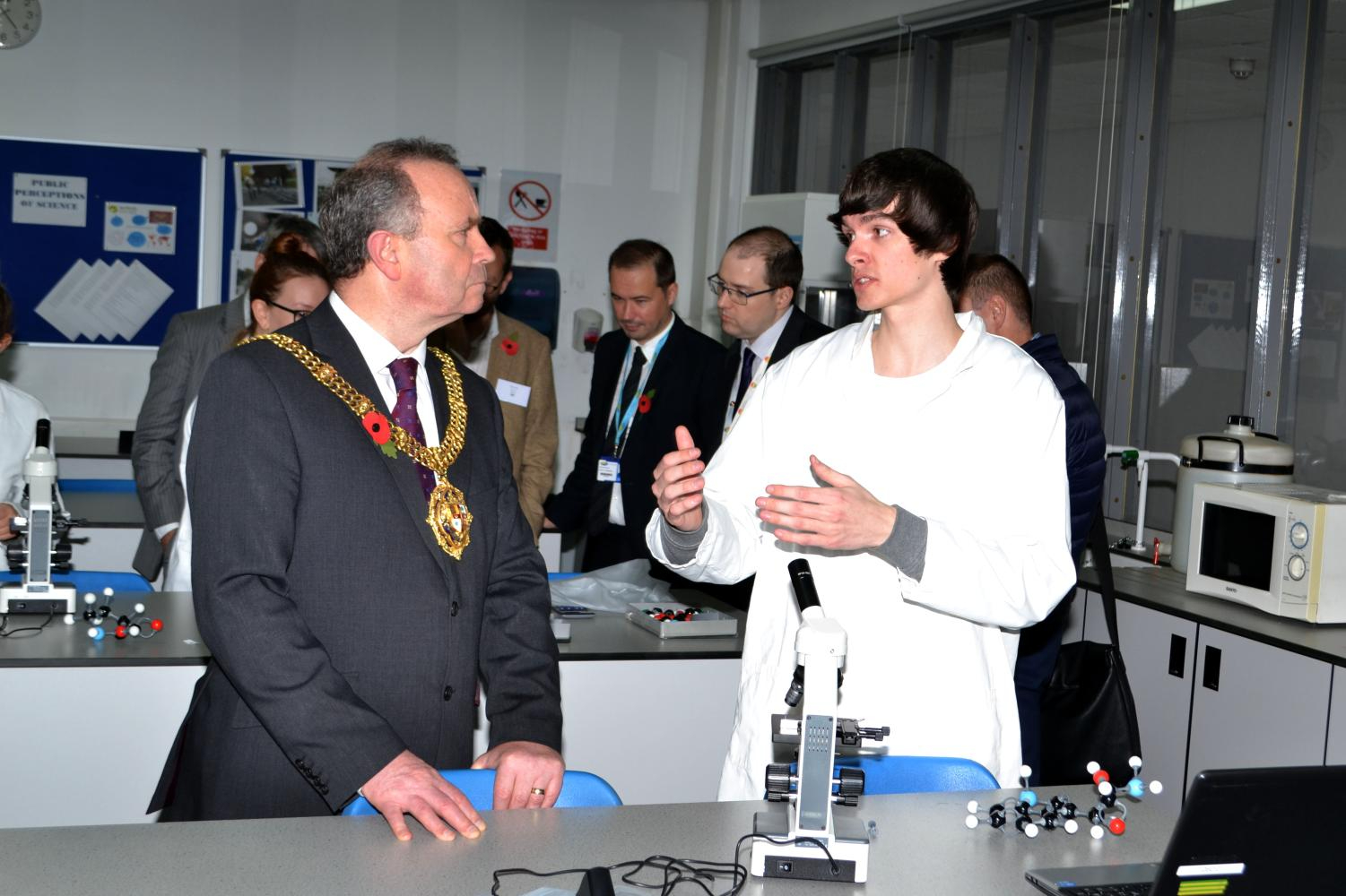 Wirral Mayor Councillor Pat Hackett speaks with a Wirral Met STEM student at the Twelve Quays campus