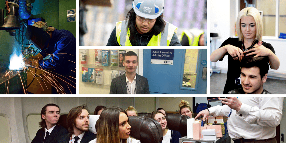 A collage of different full-time courses available at Wirral Met College such as hairdressing, engineering and cabin crew