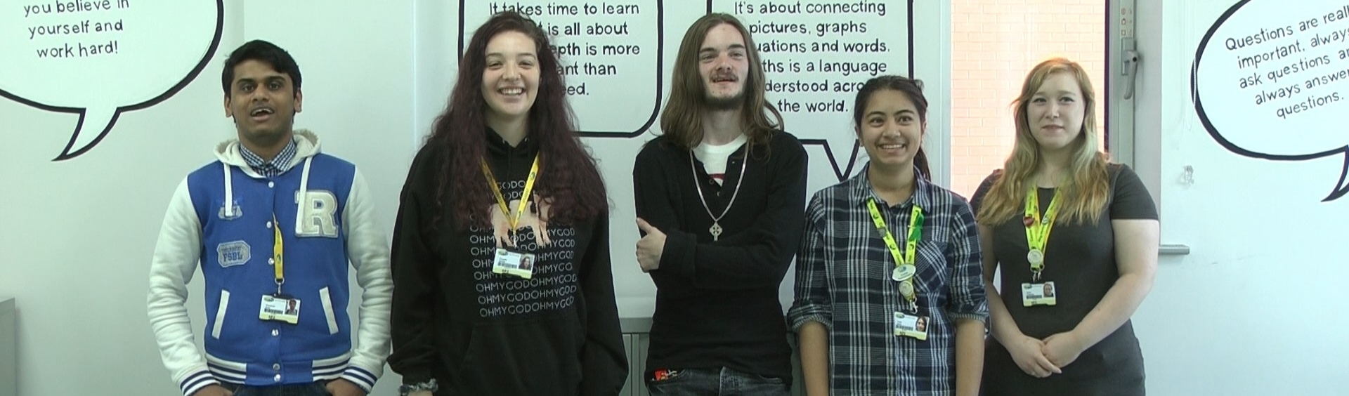 Five WMC Functional Skills Maths students standing inside classroom