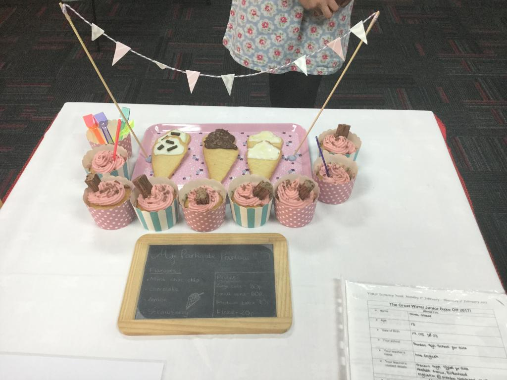 Cake made by Olivia Gleave from Prenton High School with ice cream styled biscuits representing Parkgate for the Bake Off 2017