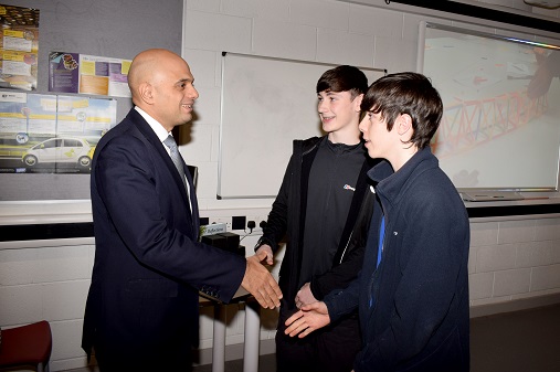 Sajid Javid, Secretary of State for Communities and Local Government, meeting two of the apprentices from Wirral Met College Twelve Quays campus
