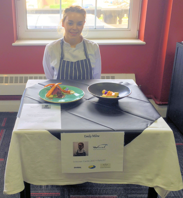Winner of the Wirral Young Chef Award 2017 Emily Milne sat at a able with her dish at the WMC Conway Park campus