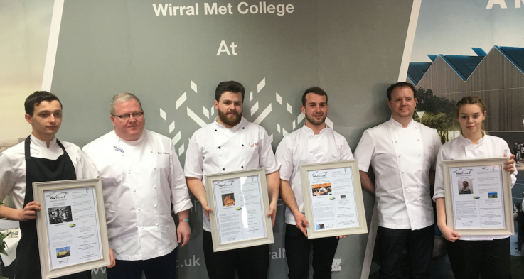 Paul Askew standing next to the four Wirral Young Chef Award 2017 finalists at the Wirral Met Conway Park campus