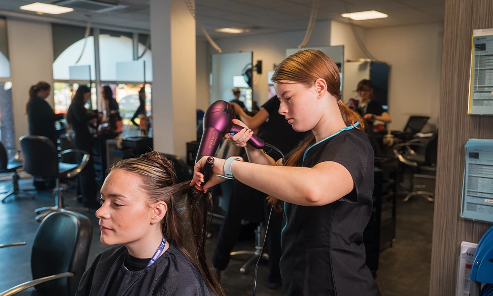 A female with a hairdryer drying a another female