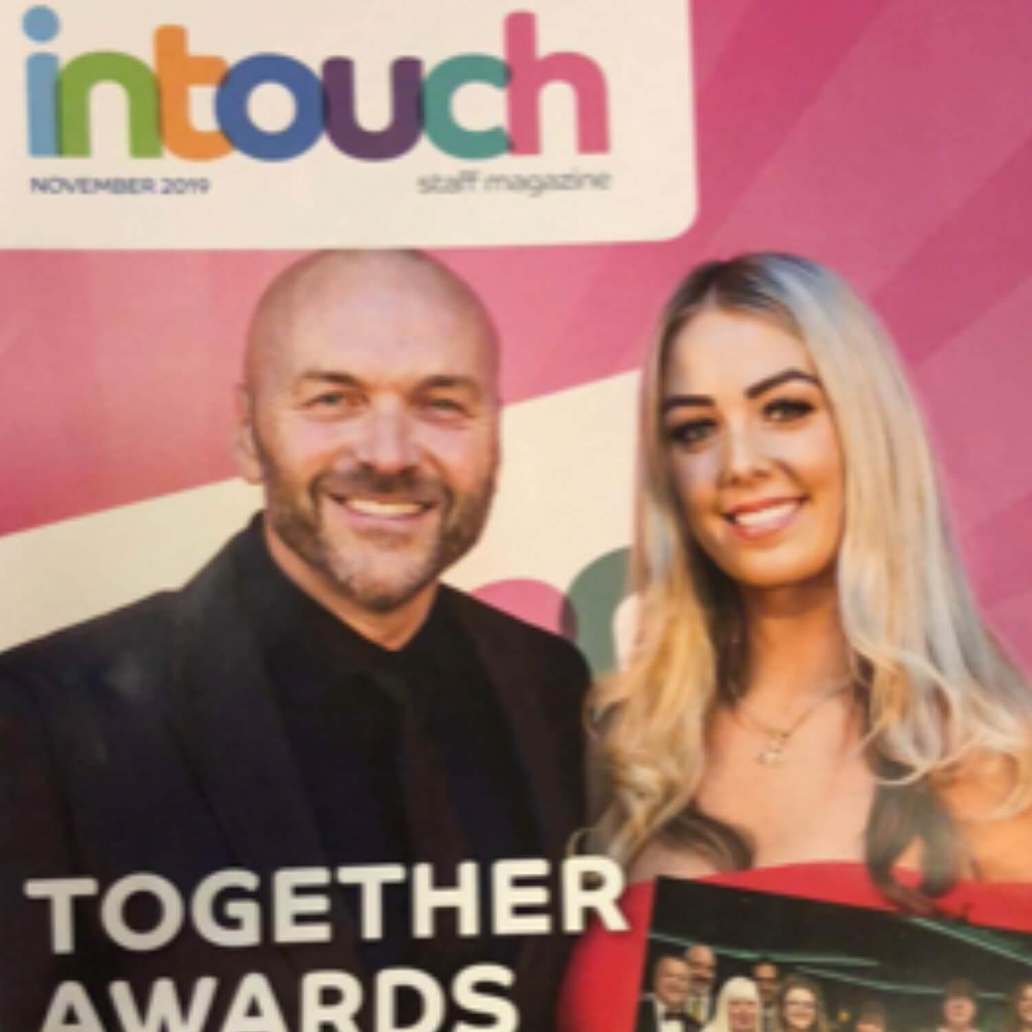 Wirral Met Case Study Paige Campbell standing next to Simon Rimmer at Wirral University Teaching Hospital Annual Staff Awards on the cover of Intouch Staff Magazine