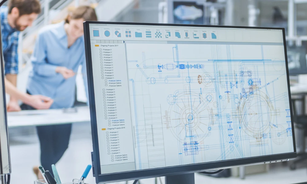 Computer displaying Engineering schematics inside workshop