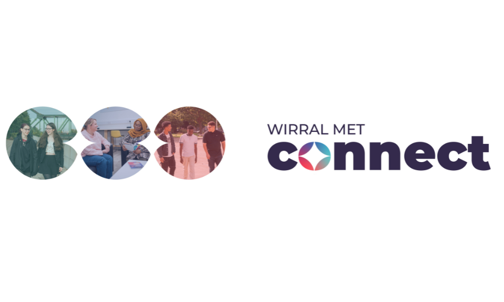 Three circles with students talking and a star between and Wirral Met Connedct written Next to it