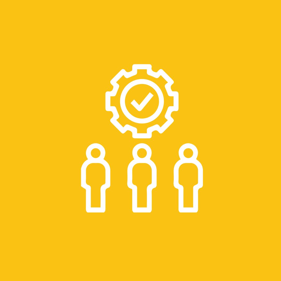 A graphic of three people stood in front of a cog, with a tick in the middle. It appears on a yellow background.